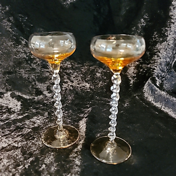 Vtg Amber Blown Glass Cordial Cocktail Glasses (2) Twisted Stem 5.5" tall - Picture 7 of 14